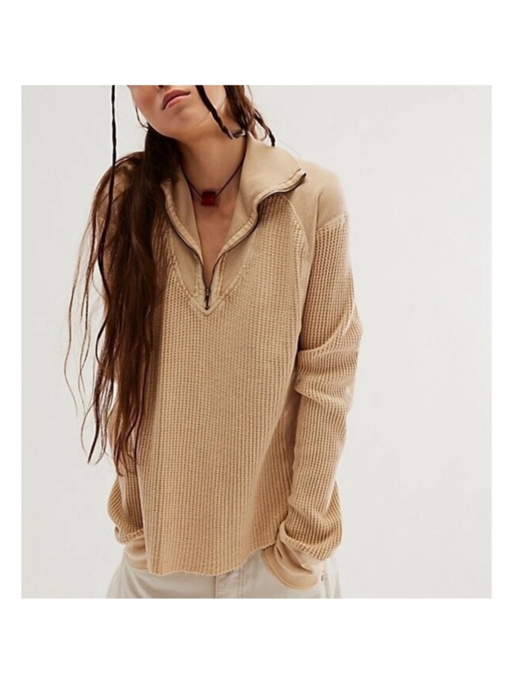 Free People Cream Waffle-Knit Quarter Zip Pullover Size Small